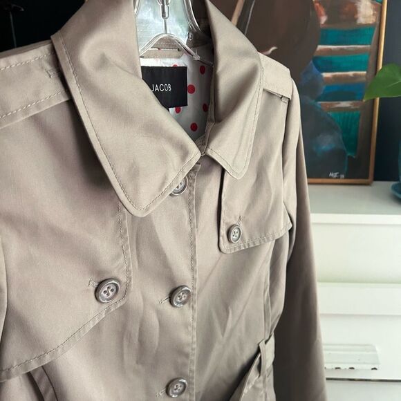 Jacob Y2K Tan Trench Jacket with Red Polka Dot Lining 3/4 Sleeves M - Picture 9 of 16